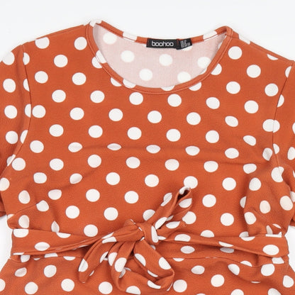 Boohoo Womens Brown Polka Dot Polyester A-Line Size 12 Round Neck Pullover