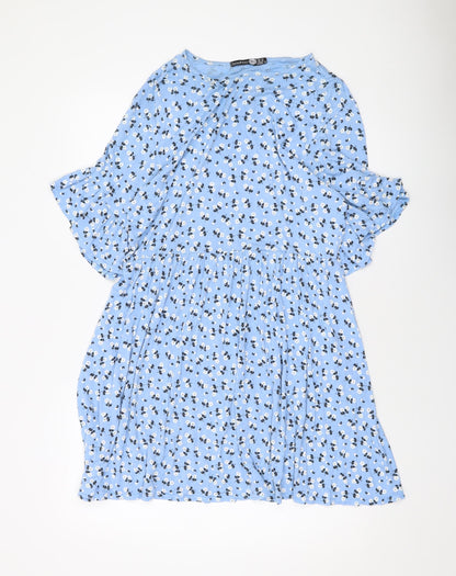 Boohoo Womens Blue Floral Viscose A-Line Size 14 Round Neck Pullover