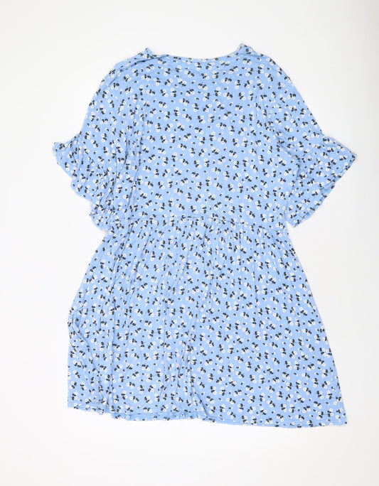 Boohoo Womens Blue Floral Viscose A-Line Size 14 Round Neck Pullover