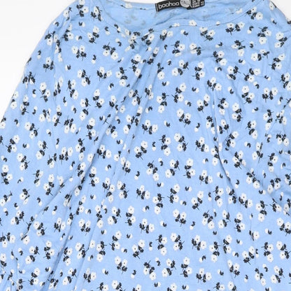 Boohoo Womens Blue Floral Viscose A-Line Size 14 Round Neck Pullover