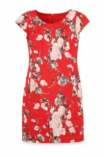 Oasis Womens Red Floral Cotton Sheath Size 10 Round Neck Zip