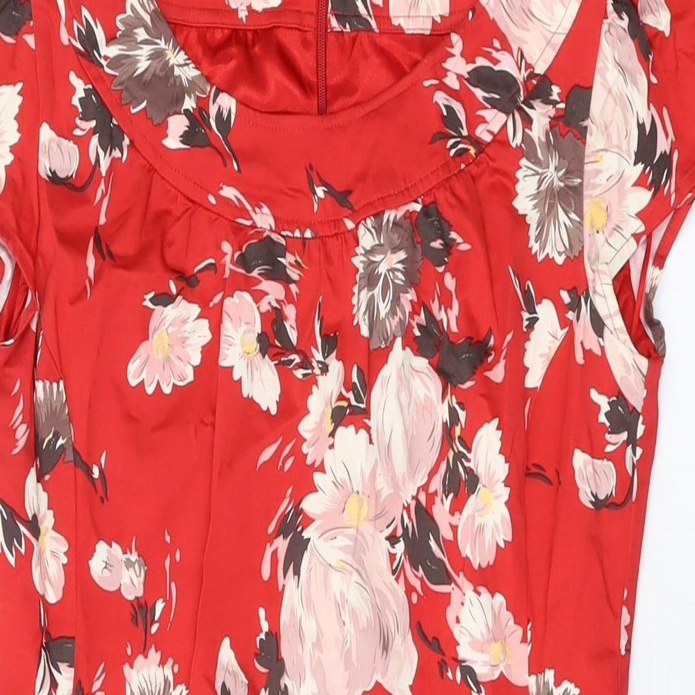 Oasis Womens Red Floral Cotton Sheath Size 10 Round Neck Zip