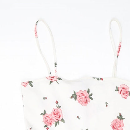 H&M Womens White Floral Polyester Mini Size 12 Square Neck Pullover