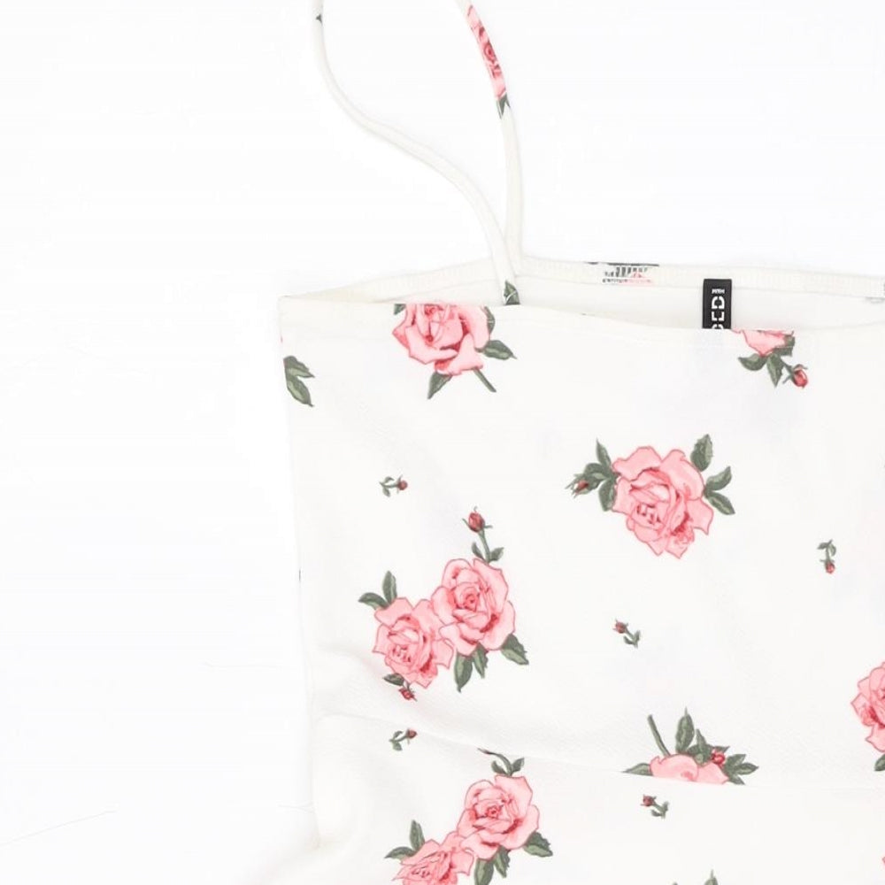 H&M Womens White Floral Polyester Mini Size 12 Square Neck Pullover