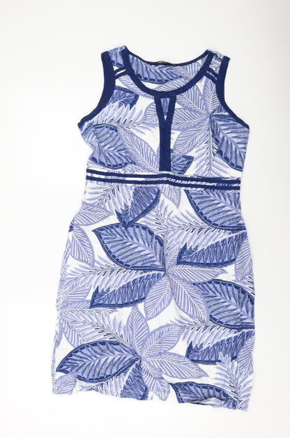 Debenhams Womens Blue Floral Viscose Sheath Size 14 Round Neck Zip