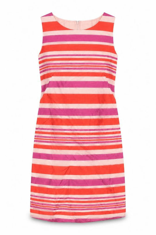 Front view of Principles women’s multicoloured striped polyester sheath, size UK 10, round neck zip