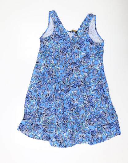 Marks and Spencer Womens Blue Geometric Viscose A-Line Size 14 V-Neck Pullover