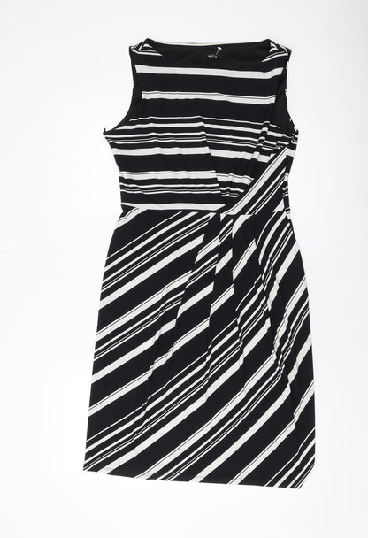 M&Co Womens Black Striped Polyester Sheath Size 14 Round Neck Pullover