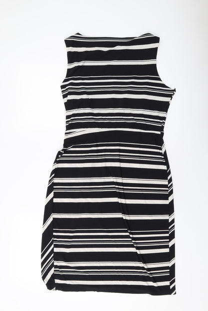 M&Co Womens Black Striped Polyester Sheath Size 14 Round Neck Pullover