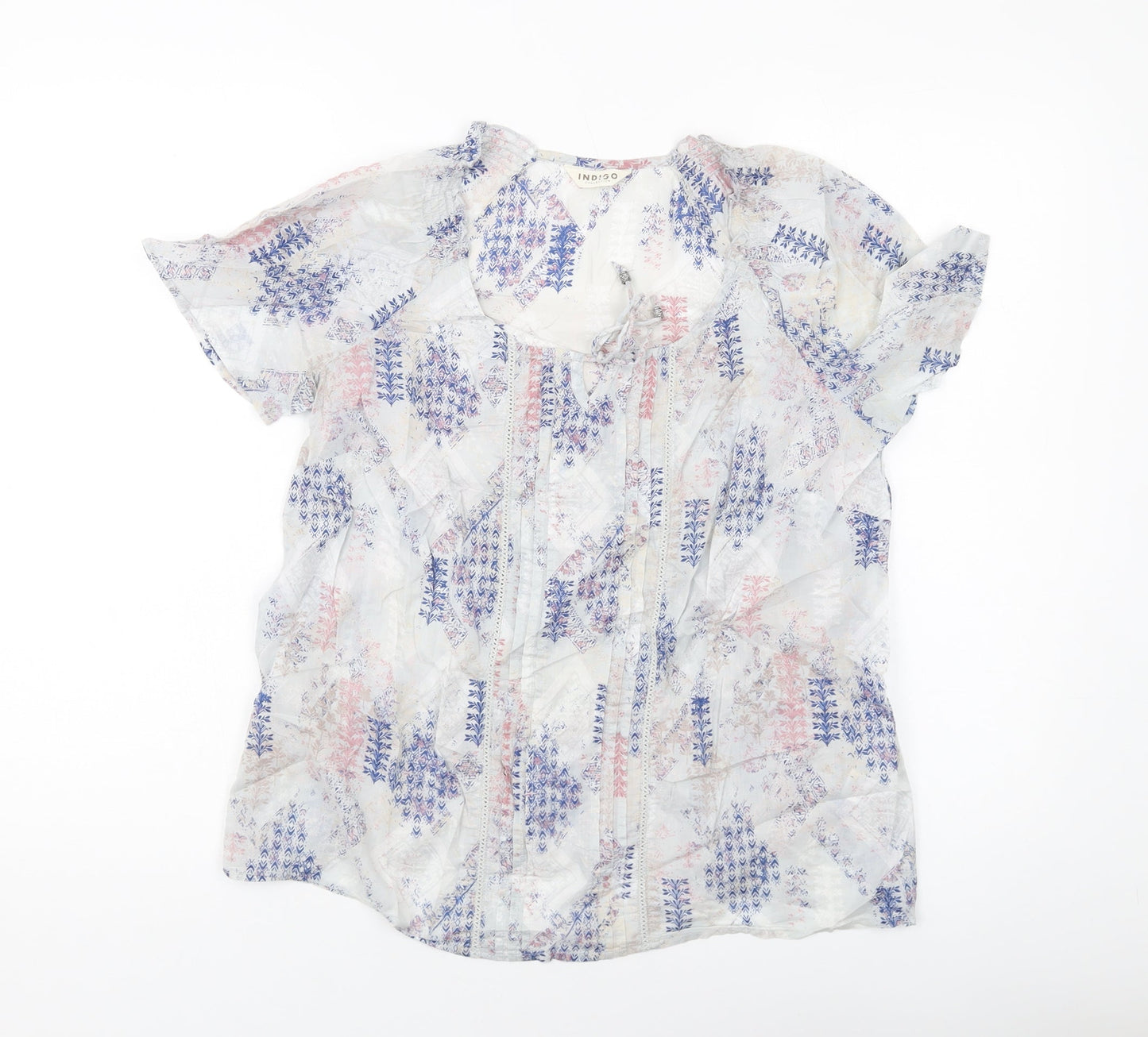 Indigo Womens Grey Geometric Cotton Basic T-Shirt Size 12 Round Neck