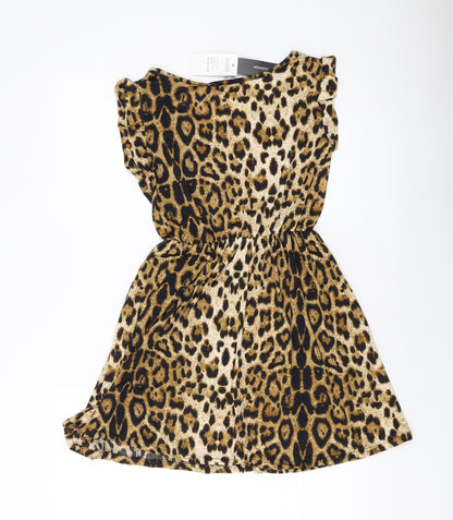 Zanzea Womens Brown Animal Print Polyester A-Line Size S Round Neck Pullover