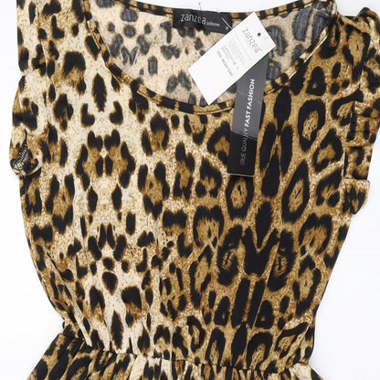 Zanzea Womens Brown Animal Print Polyester A-Line Size S Round Neck Pullover