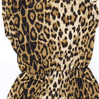 Zanzea Womens Brown Animal Print Polyester A-Line Size S Round Neck Pullover