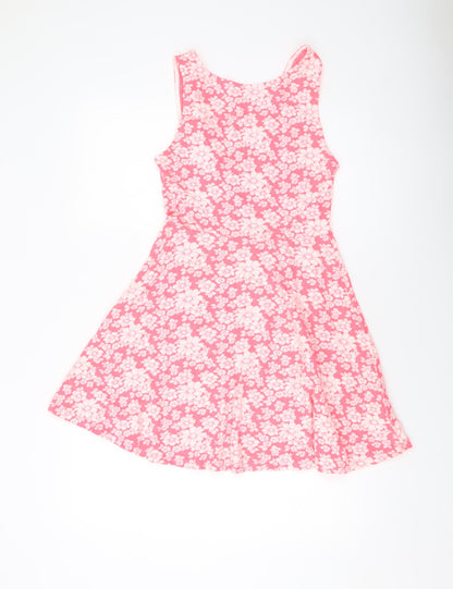 H&M Womens Pink Geometric Polyester Skater Dress Size 12 Round Neck Zip