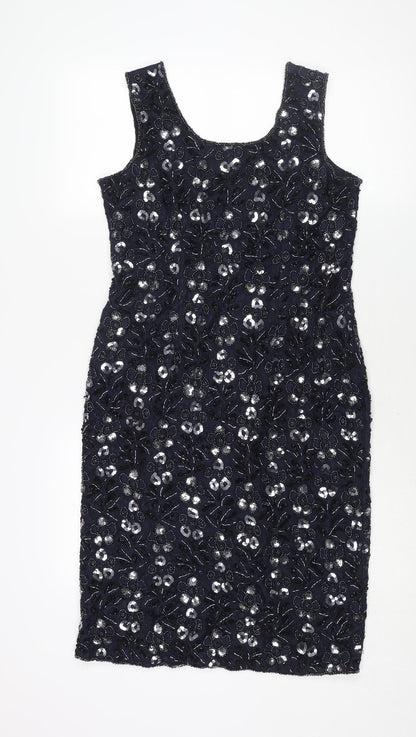 Sensations Womens Blue Geometric Nylon Shift Size 12 Scoop Neck Zip - Sequin