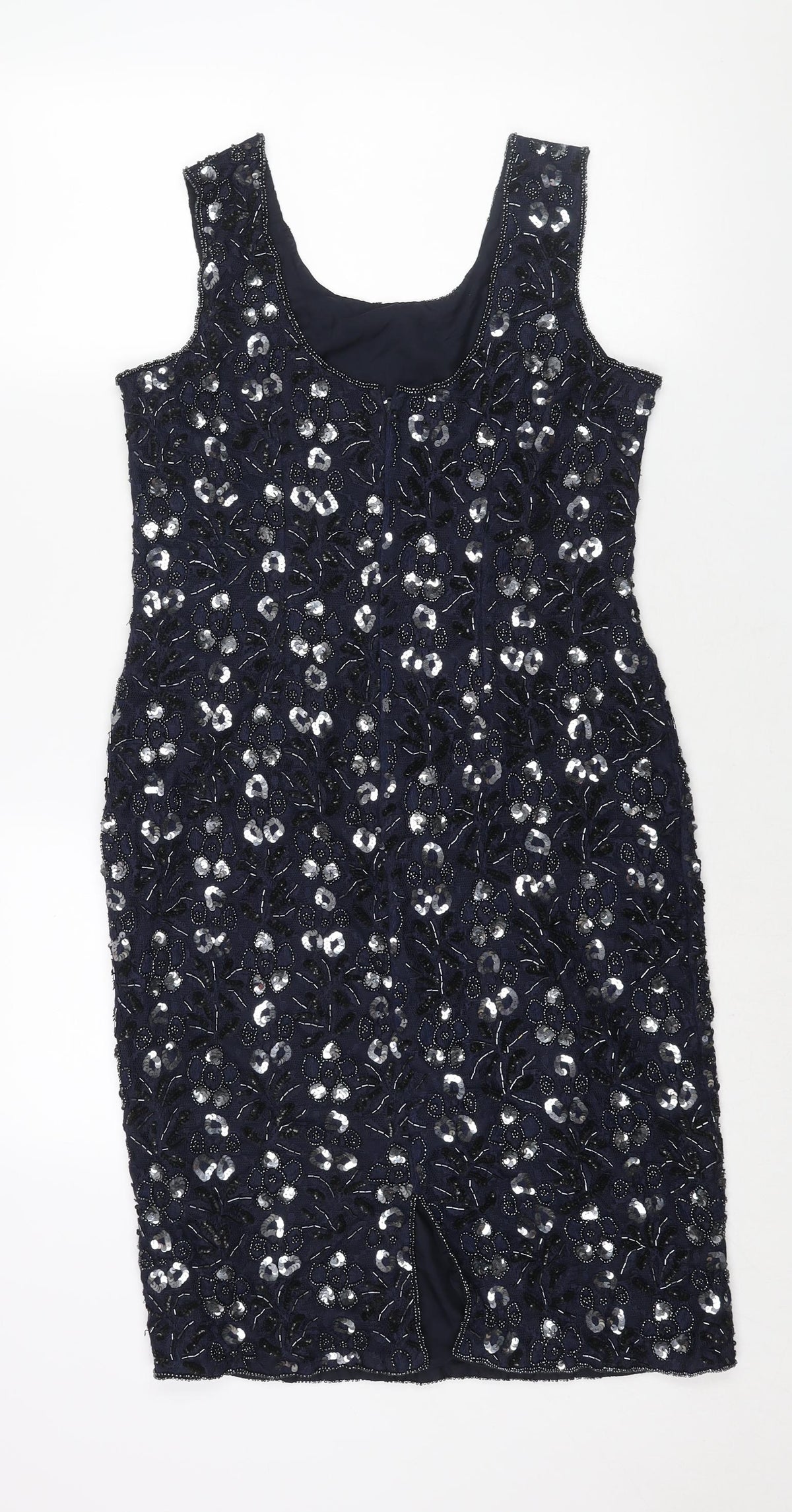 Sensations Womens Blue Geometric Nylon Shift Size 12 Scoop Neck Zip - Sequin