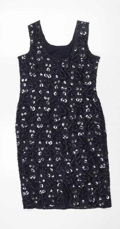 Sensations Womens Blue Geometric Nylon Shift Size 12 Scoop Neck Zip - Sequin