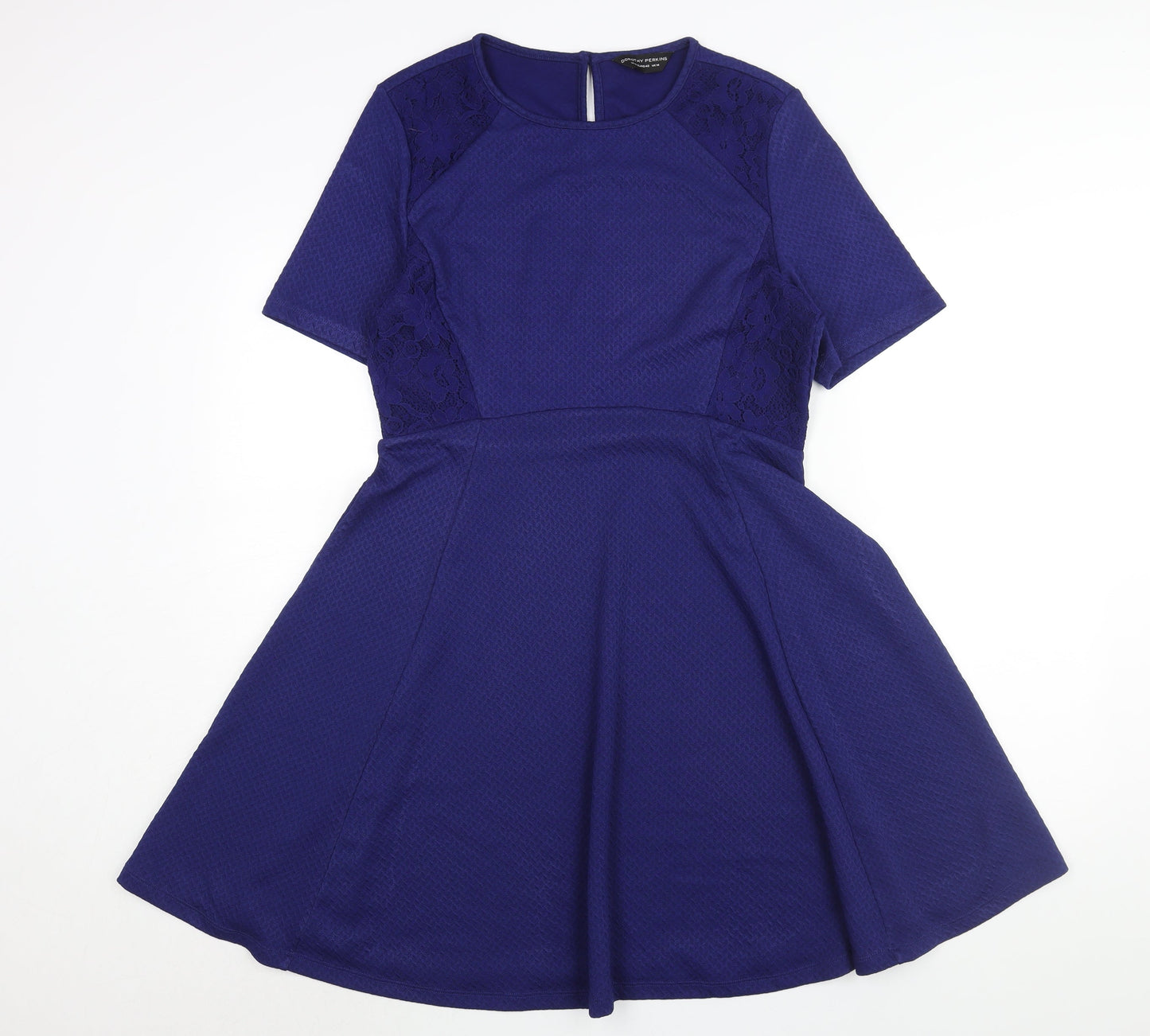 Dorothy Perkins Womens Blue Polyester Fit & Flare Size 14 Round Neck Button - Lace Detail