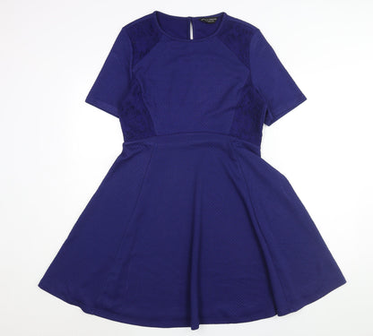 Dorothy Perkins Womens Blue Polyester Fit & Flare Size 14 Round Neck Button - Lace Detail