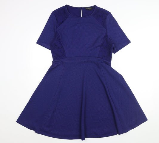 Dorothy Perkins Womens Blue Polyester Fit & Flare Size 14 Round Neck Button - Lace Detail