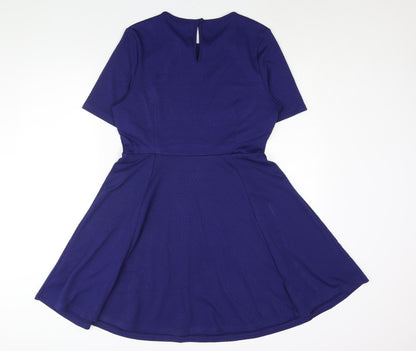 Dorothy Perkins Womens Blue Polyester Fit & Flare Size 14 Round Neck Button - Lace Detail