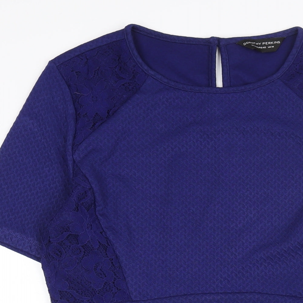Dorothy Perkins Womens Blue Polyester Fit & Flare Size 14 Round Neck Button - Lace Detail