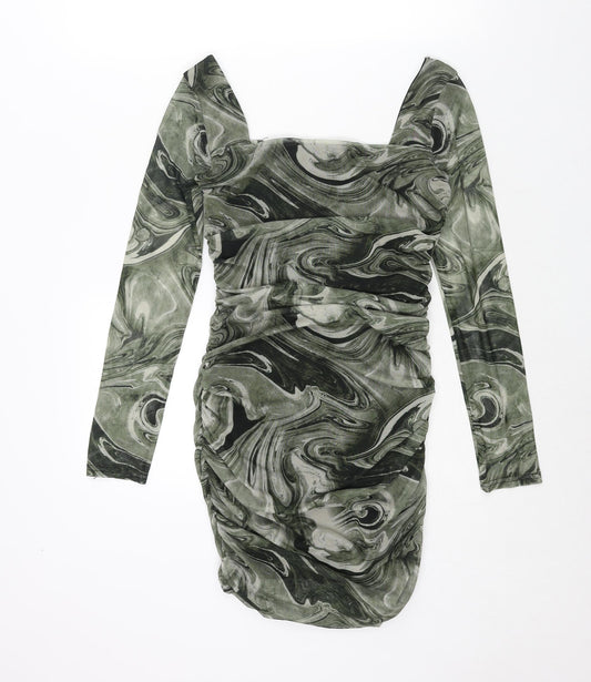 Pink Vanilla Womens Green Geometric Polyester Mini Size 8 Square Neck Pullover - Rouched Marble Print