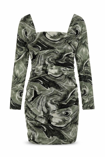 Pink Vanilla Womens Green Geometric Polyester Mini Size 8 Square Neck Pullover - Rouched Marble Print