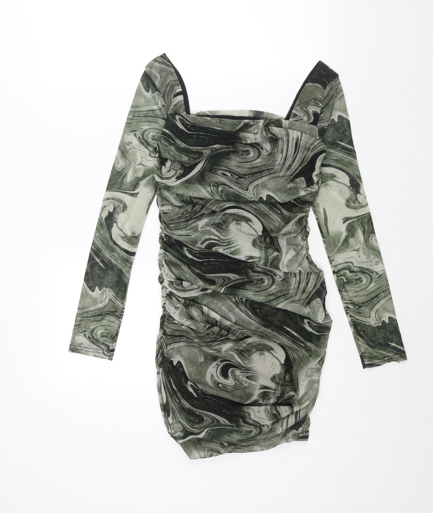 Pink Vanilla Womens Green Geometric Polyester Mini Size 8 Square Neck Pullover - Rouched Marble Print