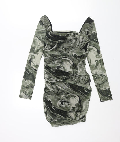 Pink Vanilla Womens Green Geometric Polyester Mini Size 8 Square Neck Pullover - Rouched Marble Print