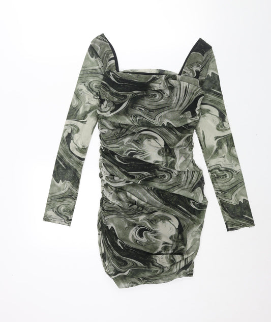 Pink Vanilla Womens Green Geometric Polyester Mini Size 8 Square Neck Pullover - Rouched Marble Print