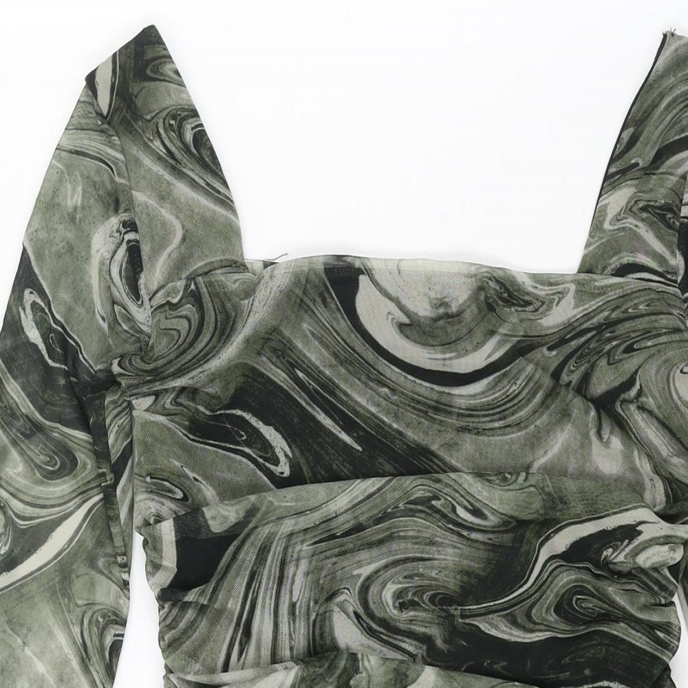Pink Vanilla Womens Green Geometric Polyester Mini Size 8 Square Neck Pullover - Rouched Marble Print