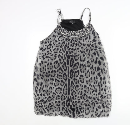 AX Paris Womens Grey Animal Print Polyester Mini Size 14 Scoop Neck Pullover - Jaguar Print Button Neckline