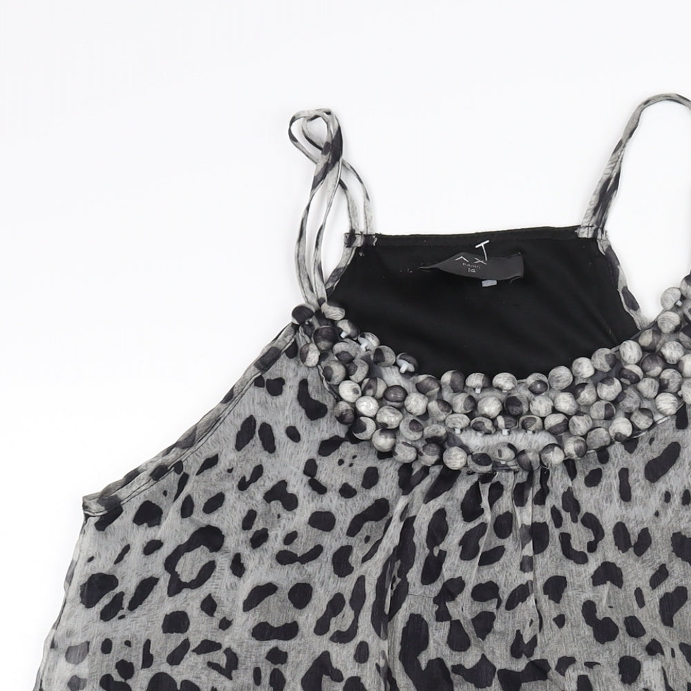 AX Paris Womens Grey Animal Print Polyester Mini Size 14 Scoop Neck Pullover - Jaguar Print Button Neckline