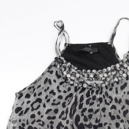 AX Paris Womens Grey Animal Print Polyester Mini Size 14 Scoop Neck Pullover - Jaguar Print Button Neckline