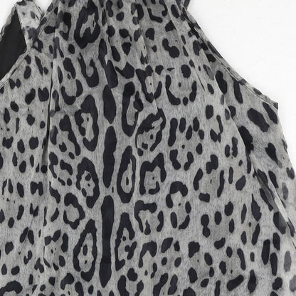 AX Paris Womens Grey Animal Print Polyester Mini Size 14 Scoop Neck Pullover - Jaguar Print Button Neckline