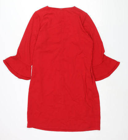 Sosandar Womens Red Polyester Shift Size 14 Round Neck Zip - Bell Sleeve Pockets