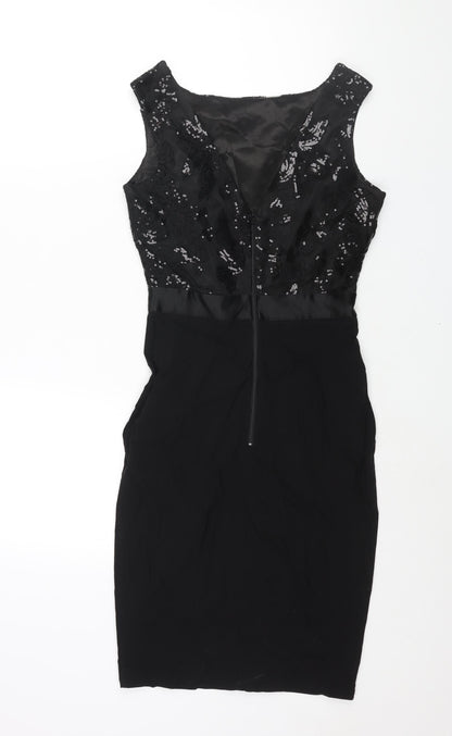 GODDIVA Womens Black Polyester Pencil Dress Size 8 Boat Neck Zip - Sequin Bodice