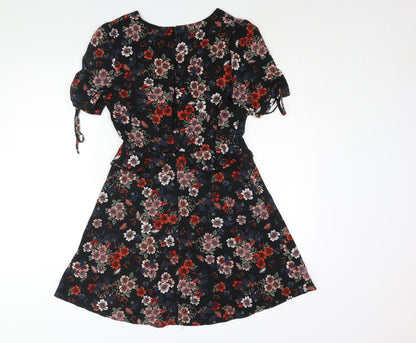 New Look Womens Black Floral Polyester A-Line Size 10 V-Neck Zip - Frill Lace Trim Drawstring