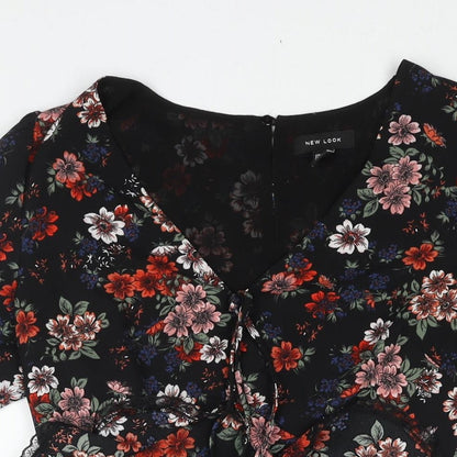 New Look Womens Black Floral Polyester A-Line Size 10 V-Neck Zip - Frill Lace Trim Drawstring