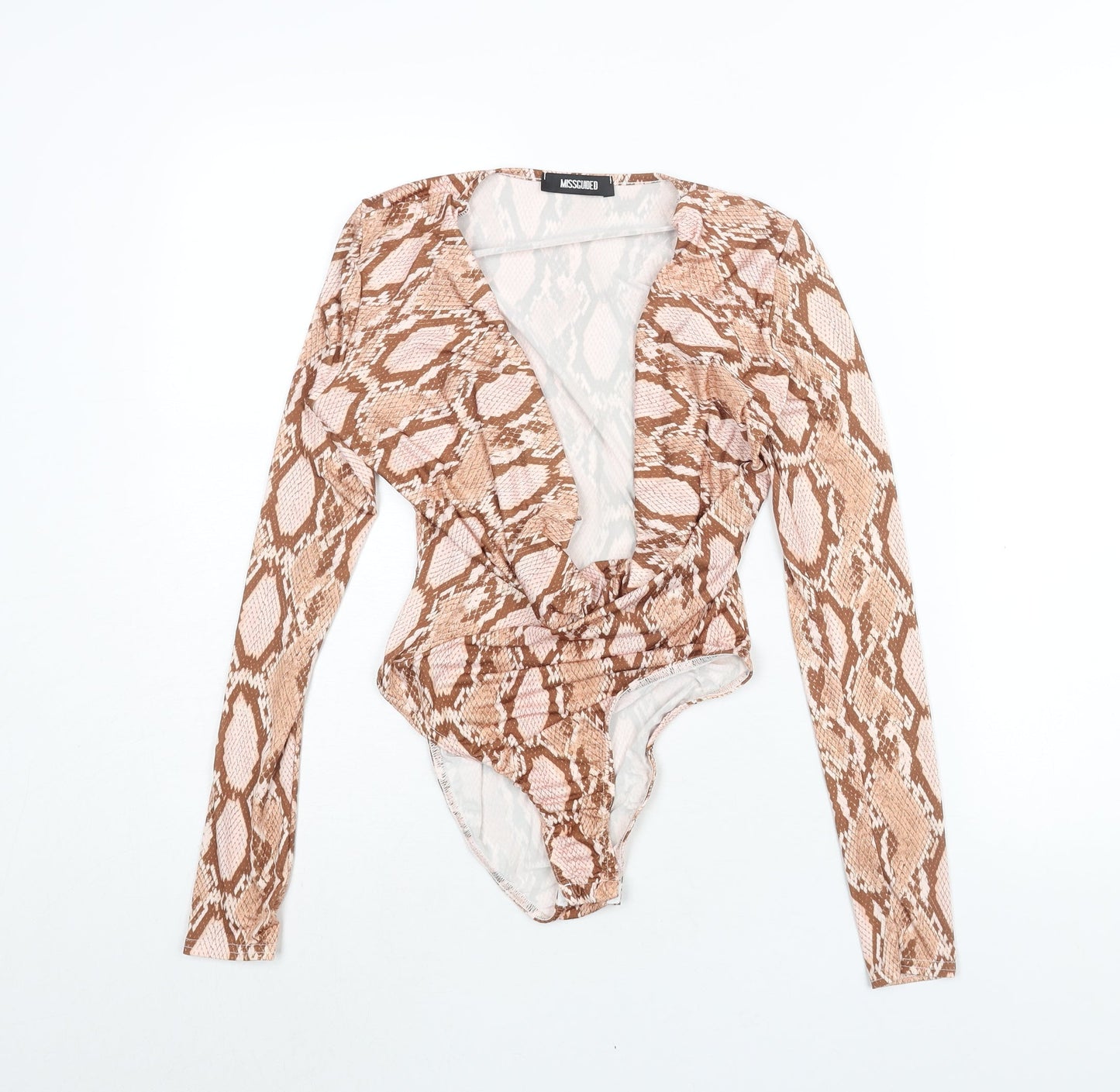 Misguided Womens Beige Animal Print Polyester Bodysuit One-Piece Size 4 Snap - Plunge Neck