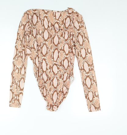 Misguided Womens Beige Animal Print Polyester Bodysuit One-Piece Size 4 Snap - Plunge Neck
