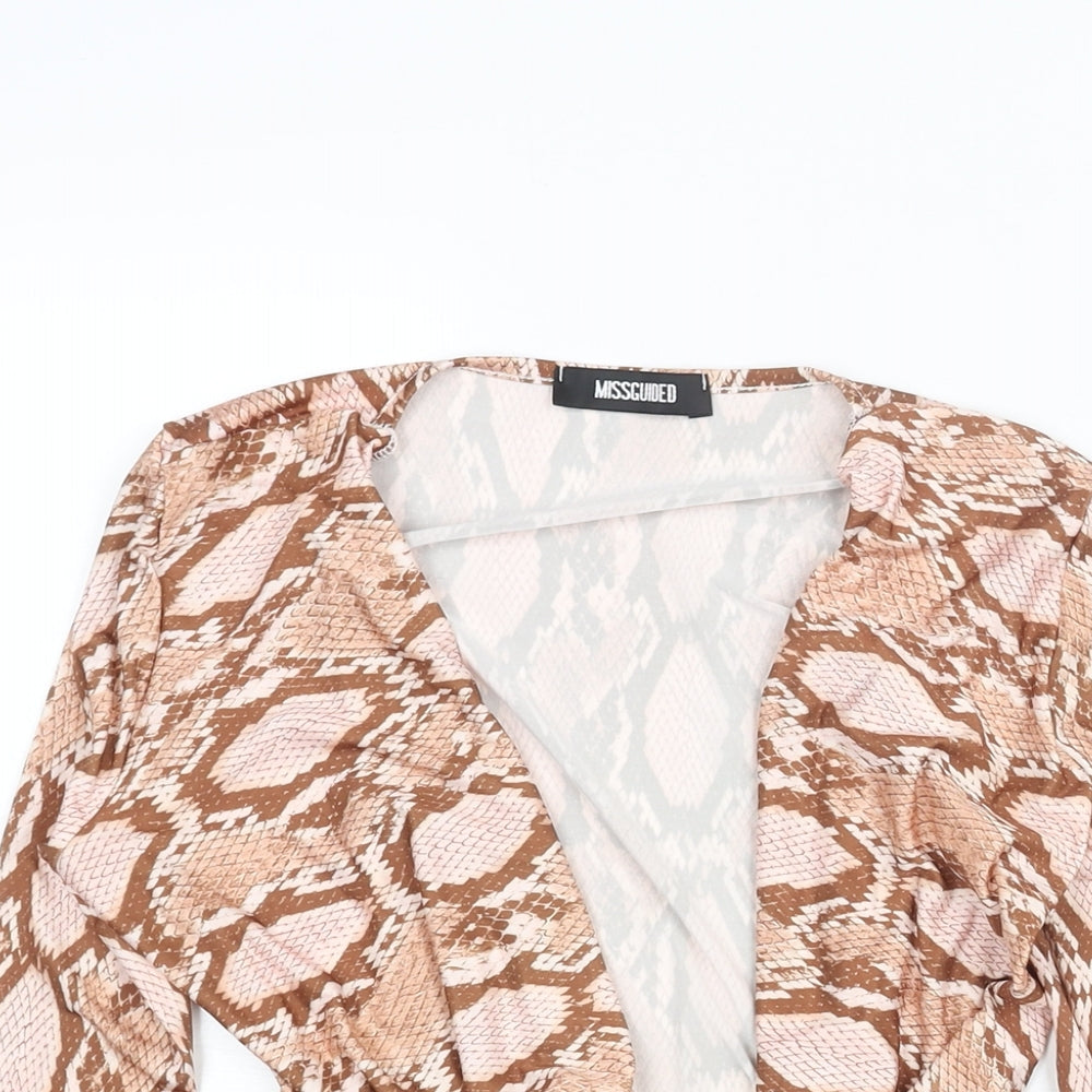 Misguided Womens Beige Animal Print Polyester Bodysuit One-Piece Size 4 Snap - Plunge Neck