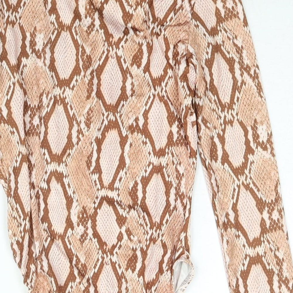 Misguided Womens Beige Animal Print Polyester Bodysuit One-Piece Size 4 Snap - Plunge Neck