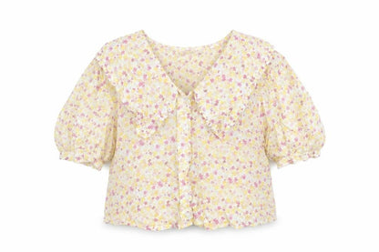 Sweewë Womens Yellow Floral Polyester Basic Blouse Size S Collared - Frill Size S-M
