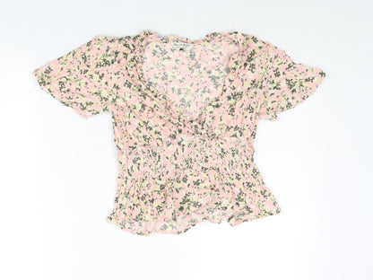 Miss Selfridge Womens Pink Floral Viscose Basic Blouse Size 6 V-Neck - Peplum