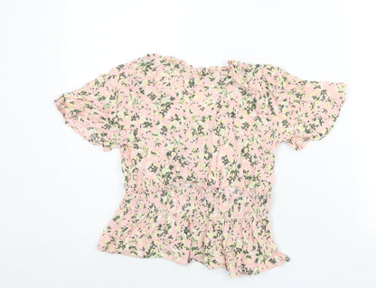 Miss Selfridge Womens Pink Floral Viscose Basic Blouse Size 6 V-Neck - Peplum