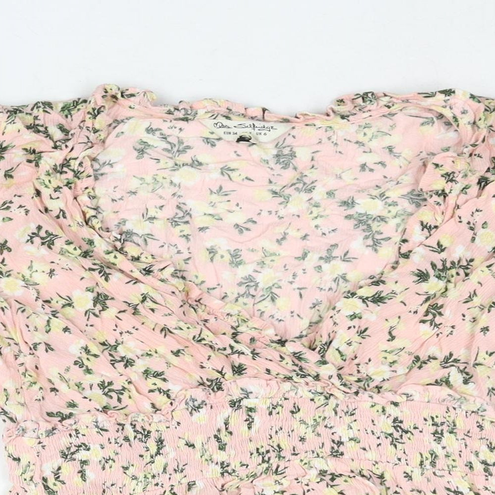 Miss Selfridge Womens Pink Floral Viscose Basic Blouse Size 6 V-Neck - Peplum
