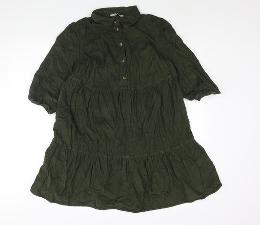 F&F Womens Green Cotton Shirt Dress Size 10 Collared Button - Smocked