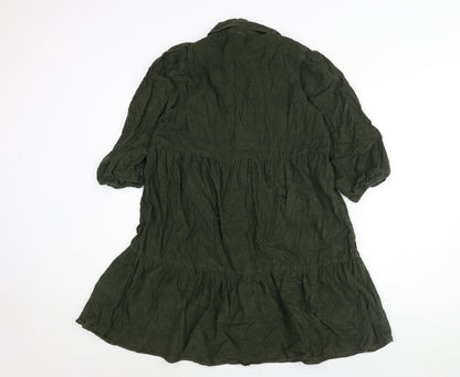 F&F Womens Green Cotton Shirt Dress Size 10 Collared Button - Smocked